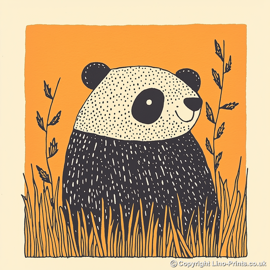 Cute Panda Cub (Giant Panda) Linoprint-Style Art (232-1)
