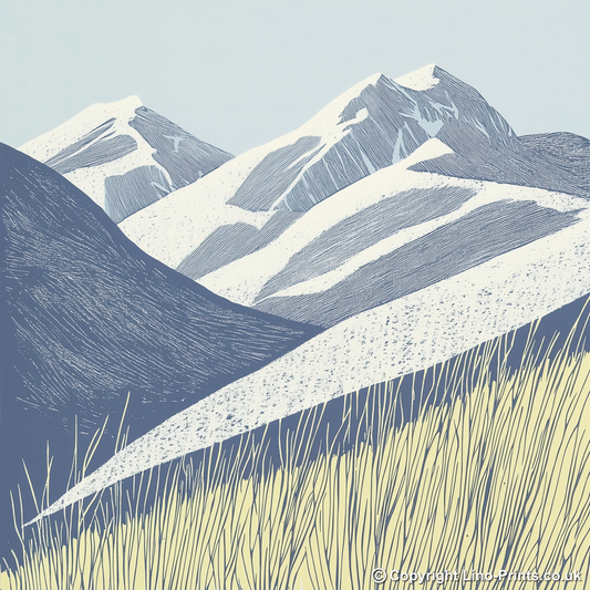 Snow-dusted fell tops Linoprint-Style Art (2557-1)