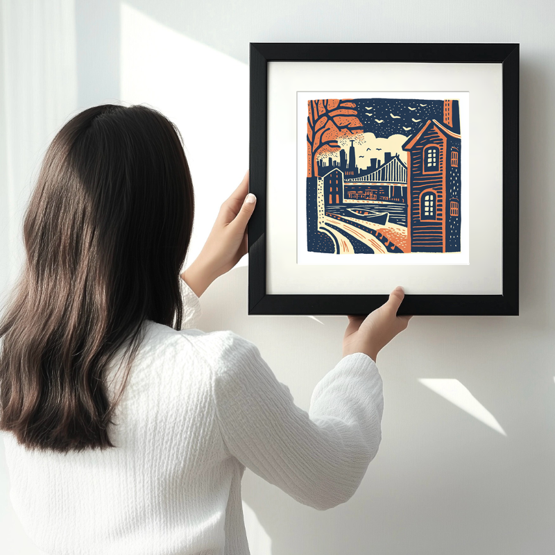 New York Brooklyn Bridge Linoprint-Style Art (22-4)
