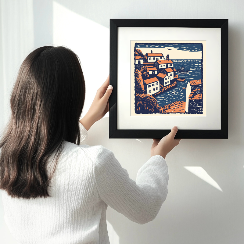 Porthleven, Cornwall Linoprint-Style Art (147-1)