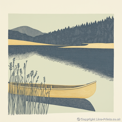 Kayak or canoe on a quiet lake Linoprint-Style Art (2466-1)