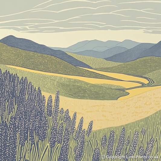 Heather in bloom on the fells Linoprint-Style Art (2443-1)
