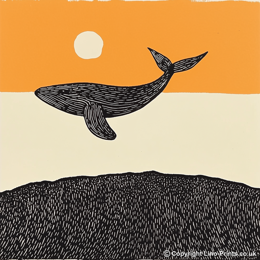 Whale breaching the surface Linoprint-Style Art (278-2)