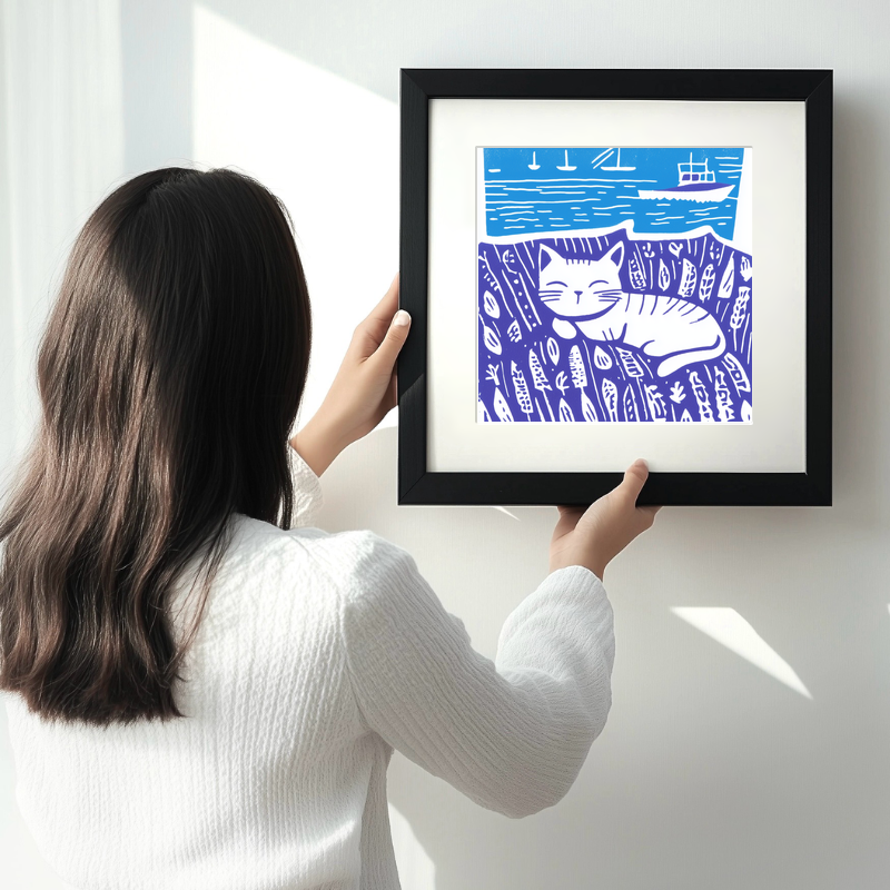 Cute Kitten Linoprint-Style Art (918-3)