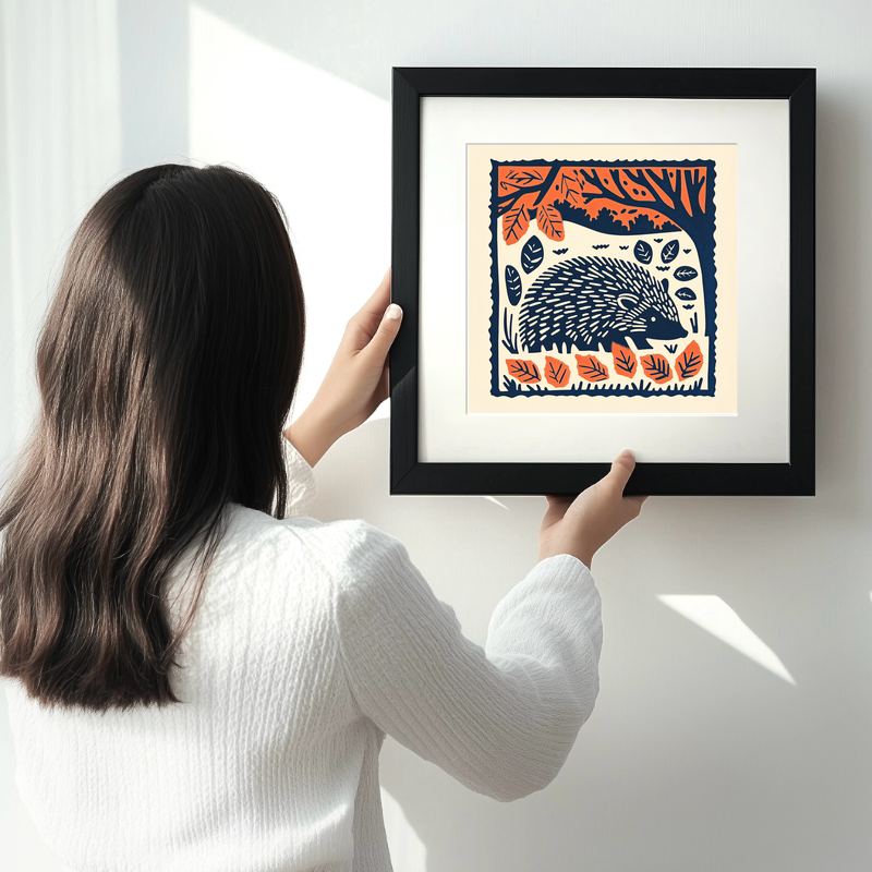 Hedgehog in autumn leaves Linoprint-Style Art (94-1)