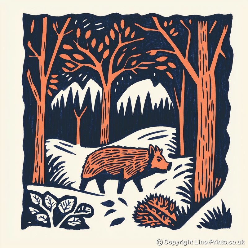 Wild boar in forest Linoprint-Style Art (117-1)