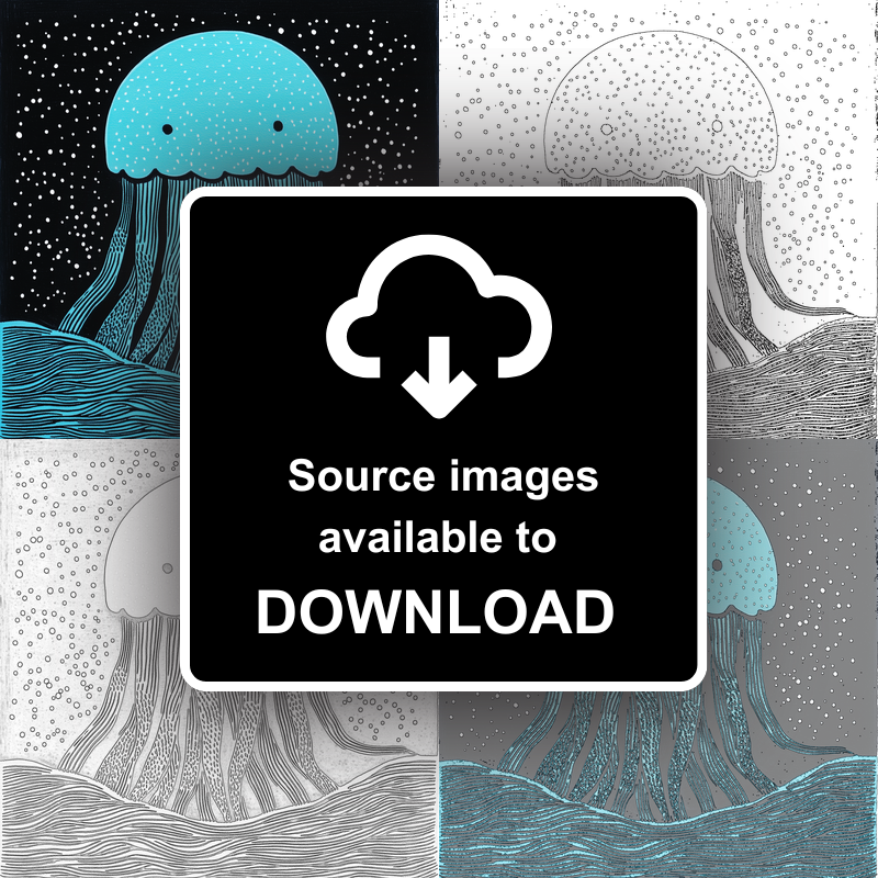 Jellyfish drifting in deep water Linoprint-Style Art (719-1)