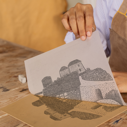 Dubrovnik old city walls Linoprint-Style Art (555-1)
