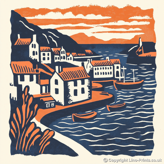 Portree Harbour, Isle of Skye Linoprint-Style Art (148-1)