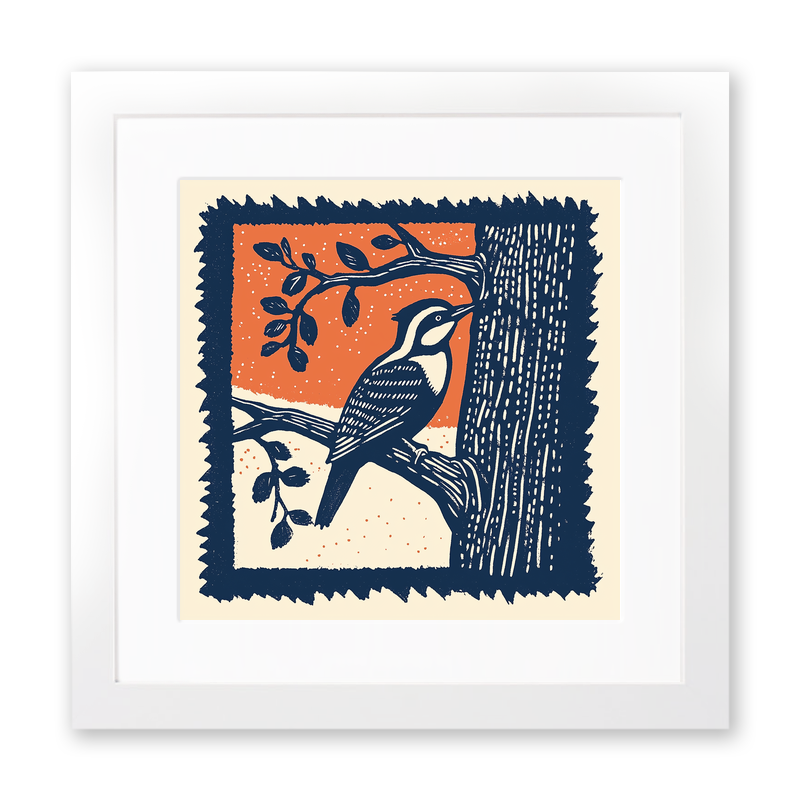 Woodpecker on tree trunk Linoprint-Style Art (118-2)