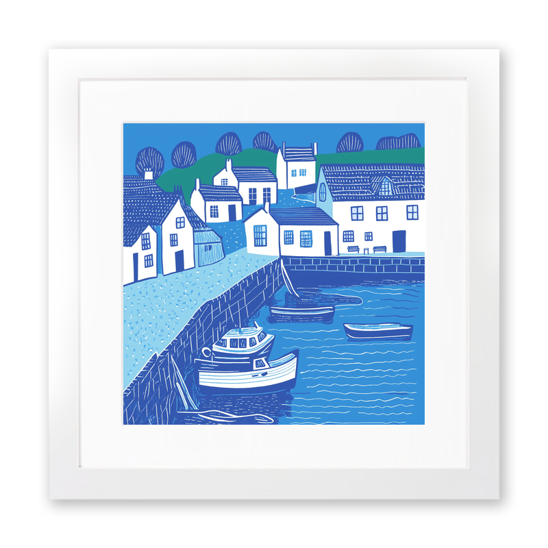 Mevagissey Harbour, Cornwall Linoprint-Style Art (1095-3)