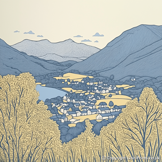 Latrigg view over Keswick Linoprint-Style Art (2476-2)