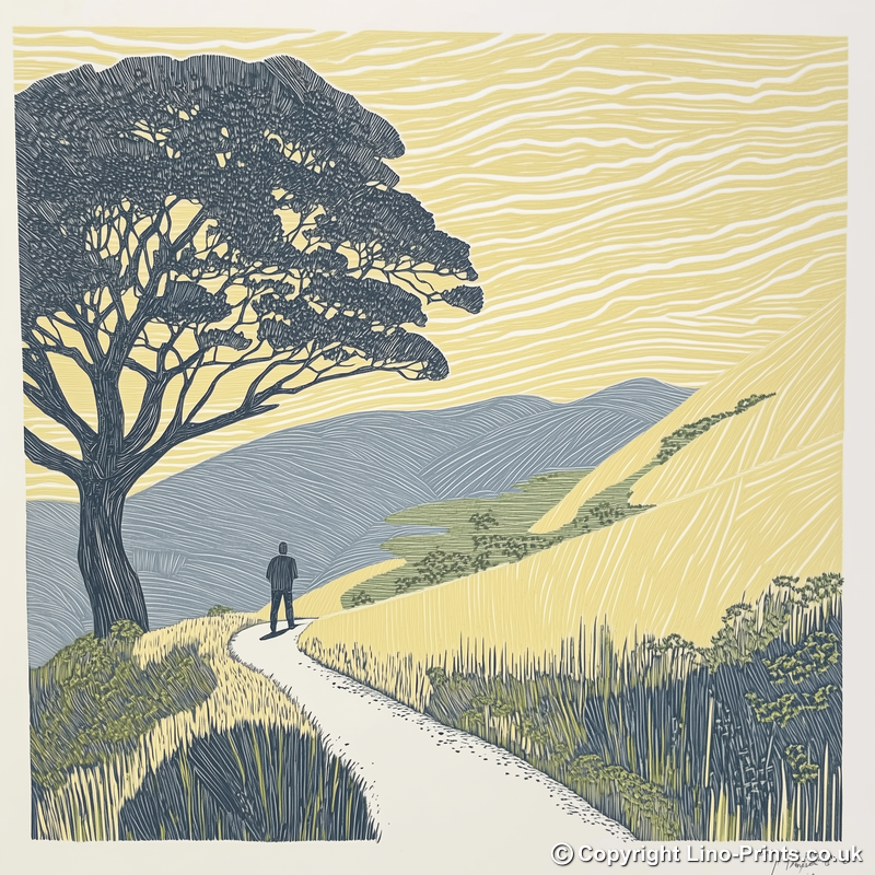 Wall silhouette leading towards a silhouetted tree Linoprint-Style Art (2593-4)