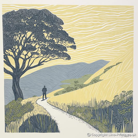 Wall silhouette leading towards a silhouetted tree Linoprint-Style Art (2593-4)