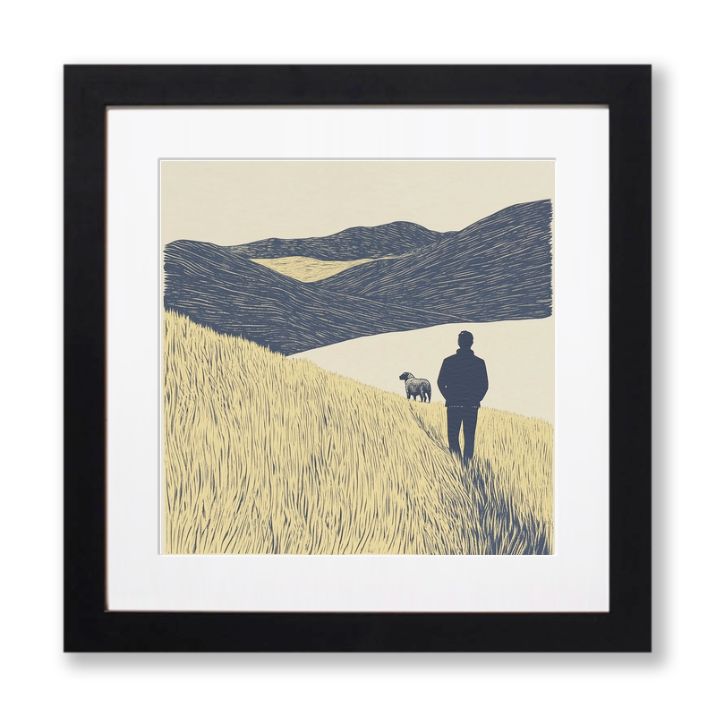 Shepherd and sheepdog silhouette Linoprint-Style Art (2545-1)