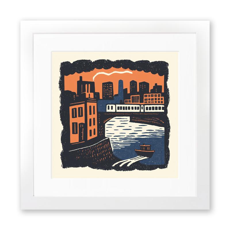 Chicago elevated train tracks Linoprint-Style Art (7-1)
