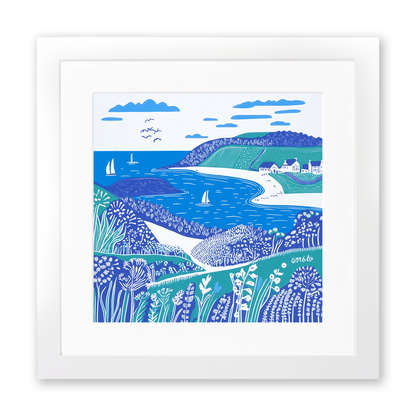 Bigbury-on-Sea and Burgh Island, Devon Linoprint-Style Art (1079-1)