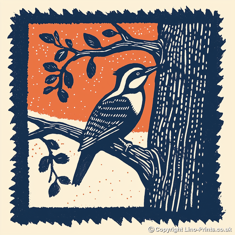Woodpecker on tree trunk Linoprint-Style Art (118-2)