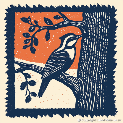 Woodpecker on tree trunk Linoprint-Style Art (118-2)