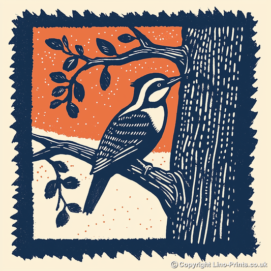 Woodpecker on tree trunk Linoprint-Style Art (118-2)
