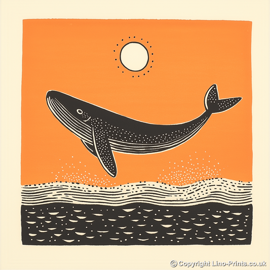 Whale breaching the surface Linoprint-Style Art (278-1)