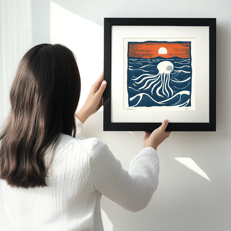 Jellyfish drifting in deep water Linoprint-Style Art (96-1)
