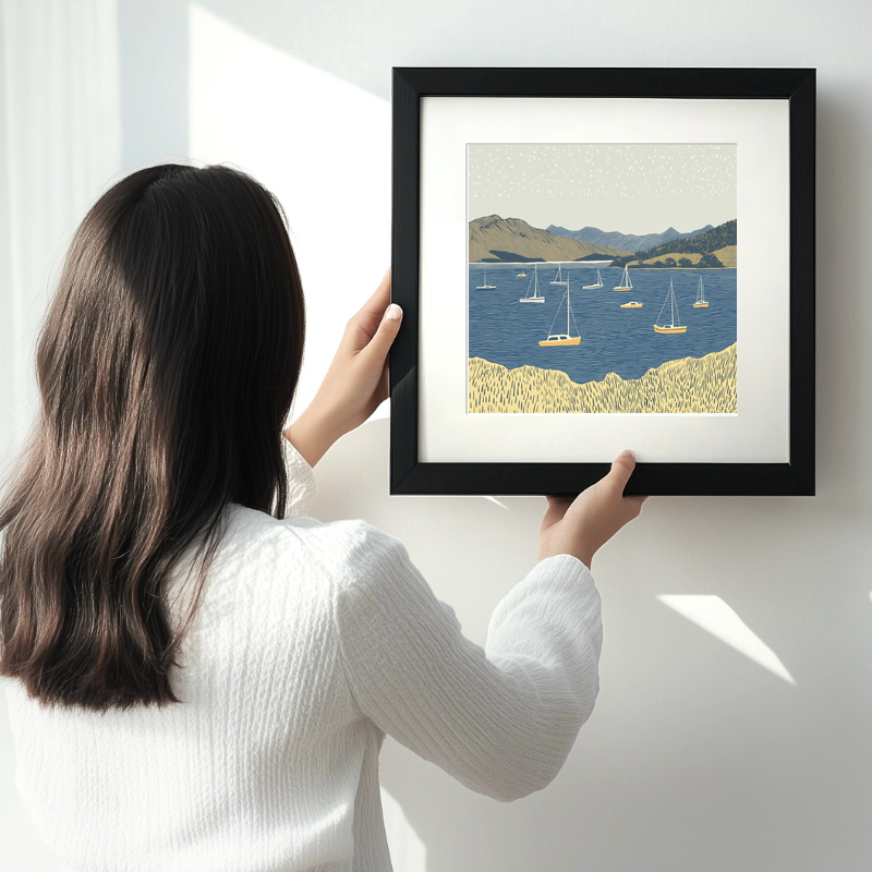 Lots of boats in Bowness Bay Linoprint-Style Art (2481-1)