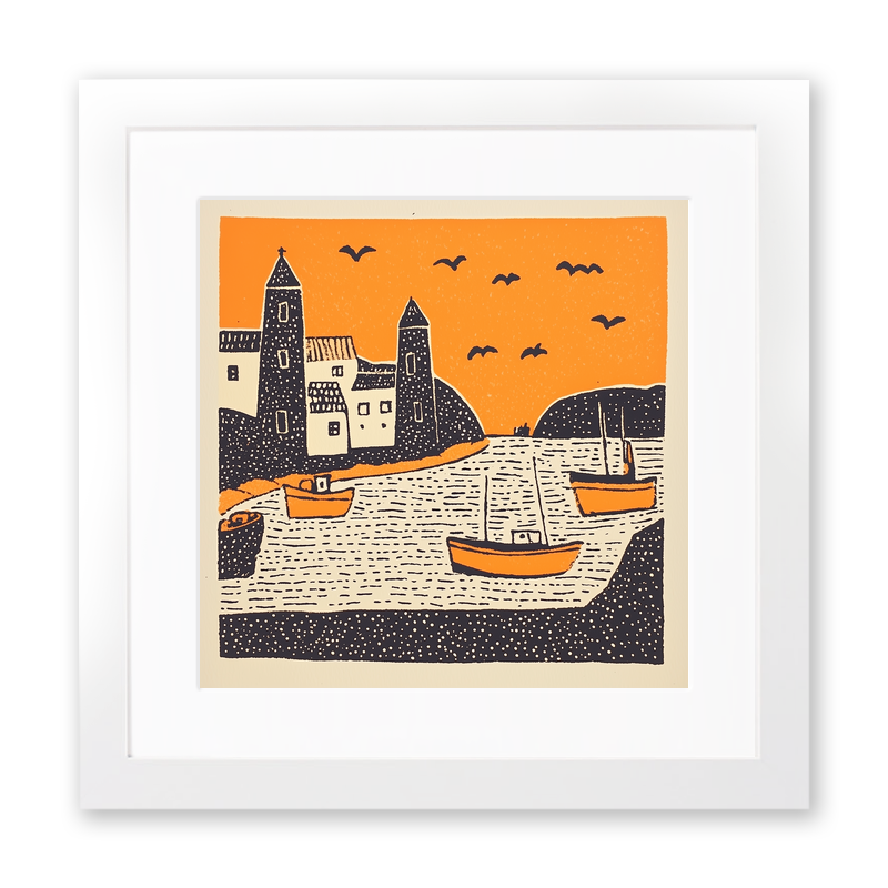 Mevagissey Harbour, Cornwall Linoprint-Style Art (303-1)