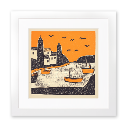 Mevagissey Harbour, Cornwall Linoprint-Style Art (303-1)