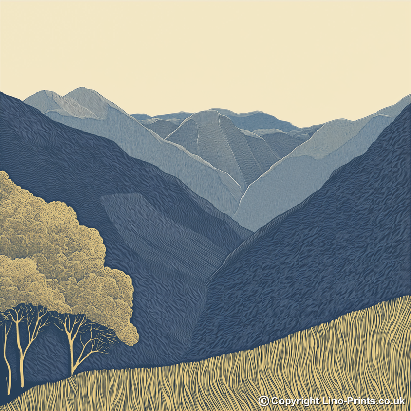 High Stile in the Lake District Linoprint-Style Art (2451-1)