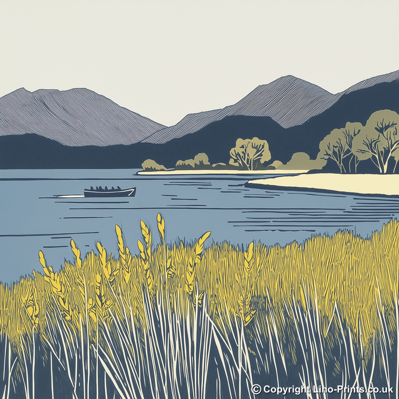 Keswick launch crossing Derwentwater Linoprint-Style Art (2470-2)