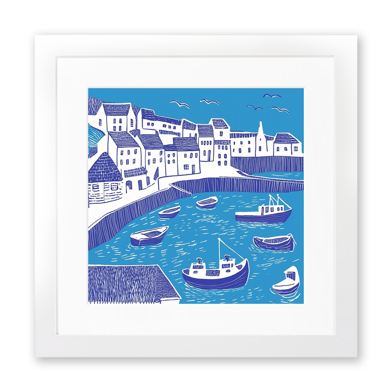 Looe Harbour, Cornwall Linoprint-Style Art (1092-1)