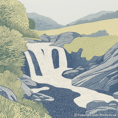 Aira Force waterfall in the Lake District Linoprint-Style Art (2355-3)