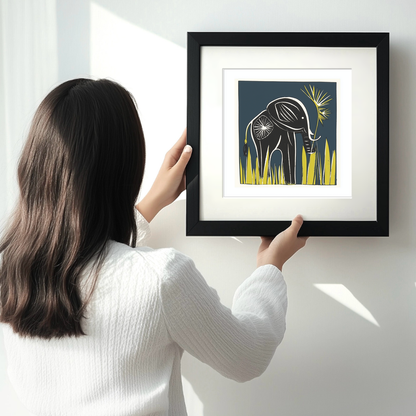 Cute Elephant Calf Linoprint-Style Art (1201-1)
