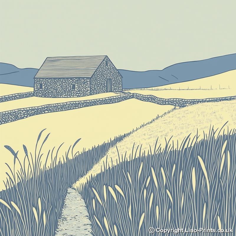 Isolated stone barn in field Linoprint-Style Art (2462-1)