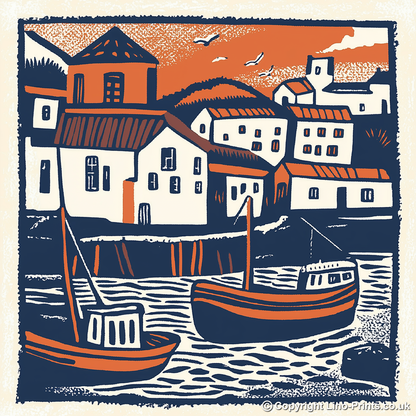 Padstow Harbour, Cornwall Linoprint-Style Art (143-1)