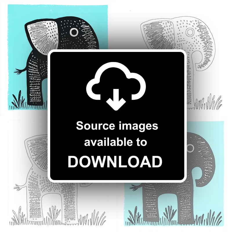 Cute Elephant Calf Linoprint-Style Art (619-2)