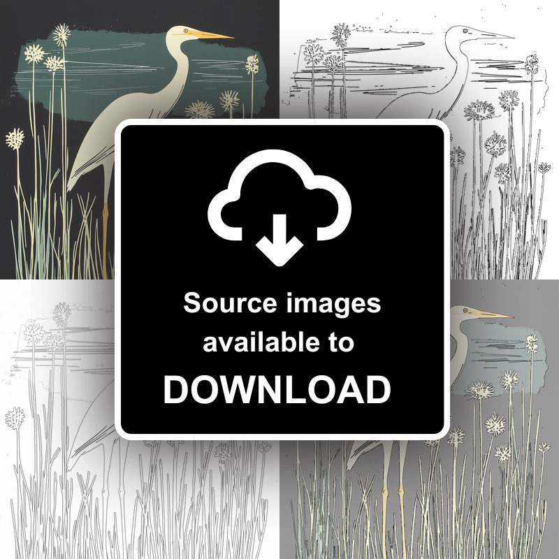 Egret stalking in the reeds Linoprint-Style Art (1882-1)