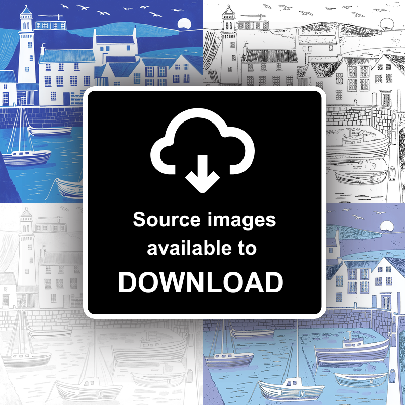 Mevagissey Harbour, Cornwall Linoprint-Style Art (1095-1)