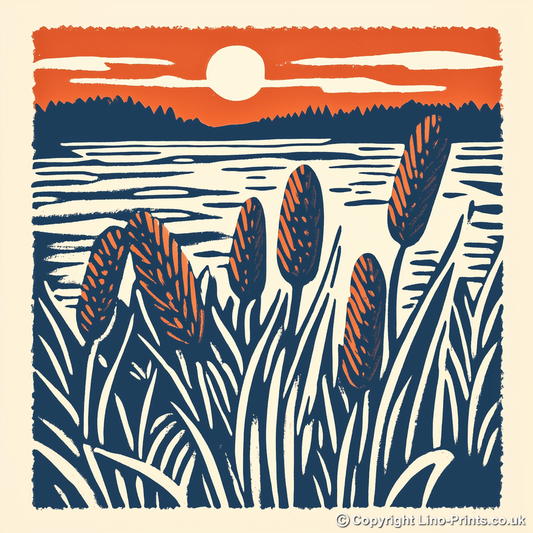 Frosted grass in a Fen sunrise Linoprint-Style Art (1991-1)