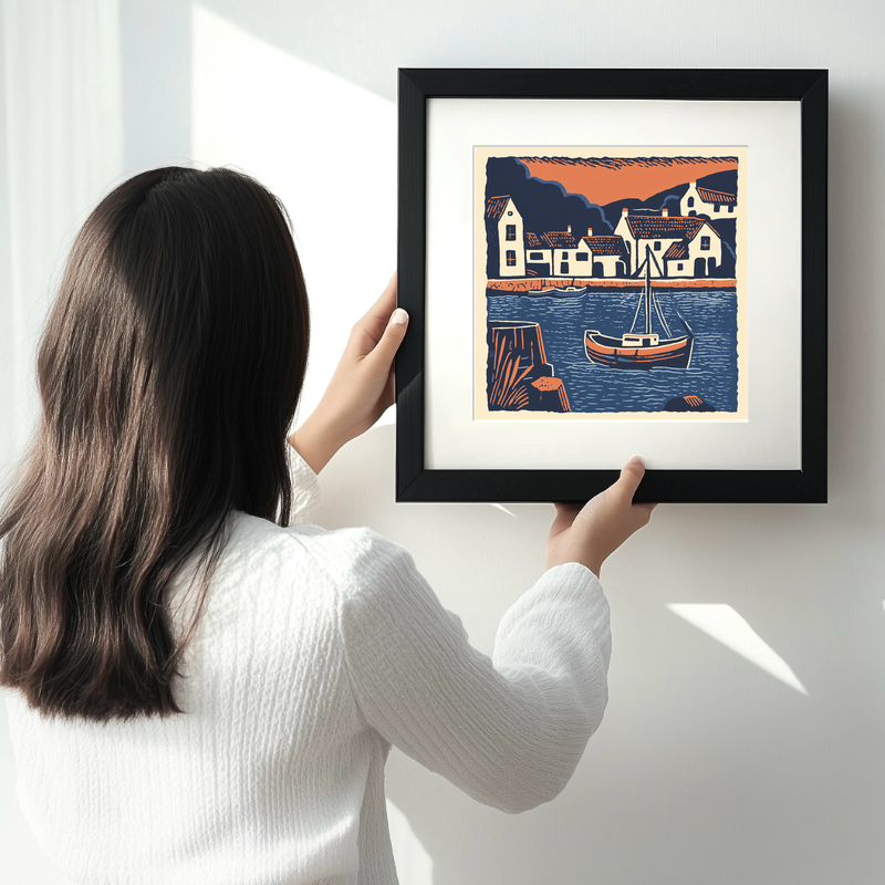 Looe Harbour, Cornwall Linoprint-Style Art (138-1)