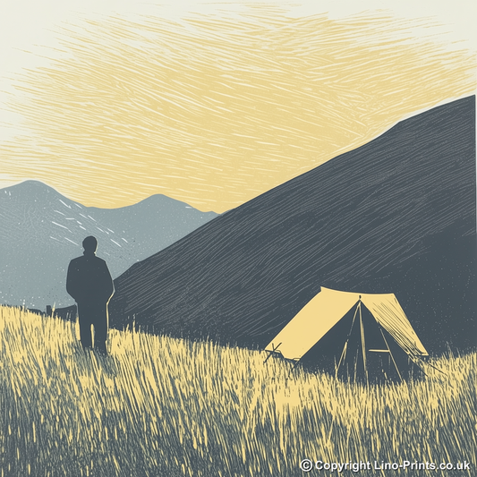 Wild campers tent at dawn silhouette Linoprint-Style Art (2602-1)