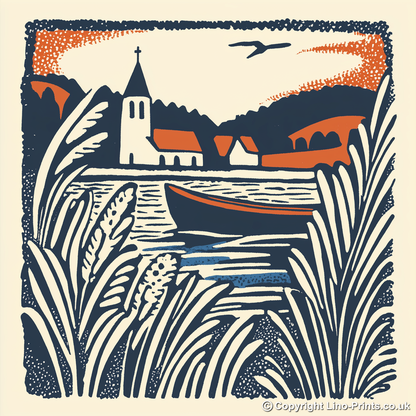 Distant church spire over the reeds Linoprint-Style Art (1980-1)
