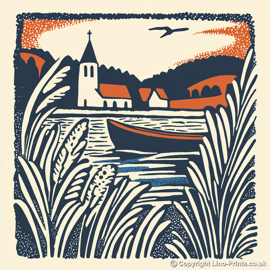 Distant church spire over the reeds Linoprint-Style Art (1980-1)