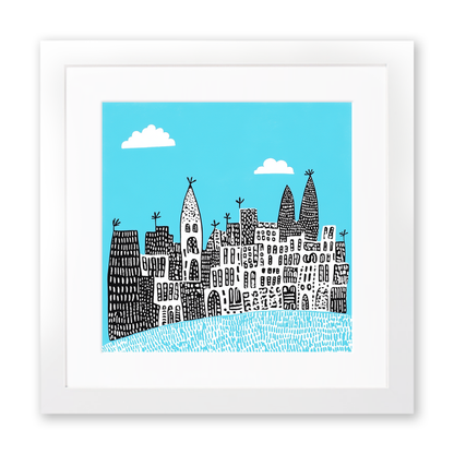 Barcelona skyline Linoprint-Style Art (547-1)