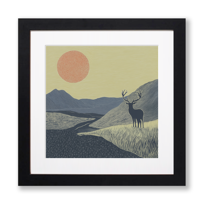 Stag silhouette on a ridge line Linoprint-Style Art (2559-3)