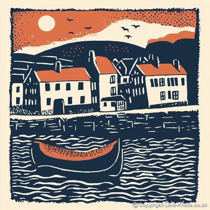 Whitby Harbour, North Yorkshire Linoprint-Style Art (162-2)