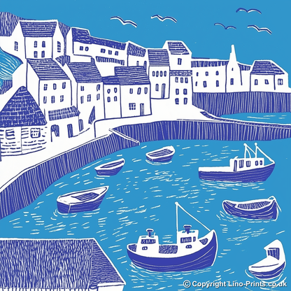 Looe Harbour, Cornwall Linoprint-Style Art (1092-1)