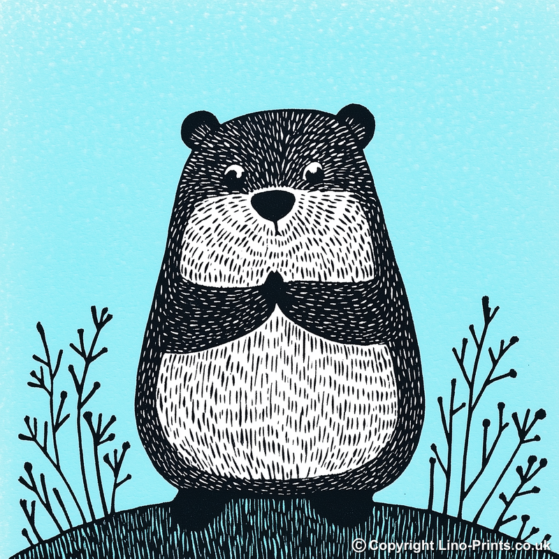 Cute Baby Beaver Linoprint-Style Art (609-1)