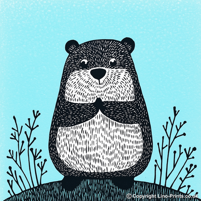 Cute Baby Beaver Linoprint-Style Art (609-1)